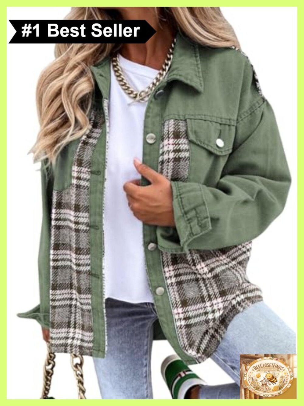 Oversized Plaid Denim Jacket Button Down Shacket with Pockets